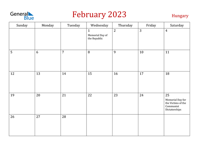 Hungary February 2023 Calendar