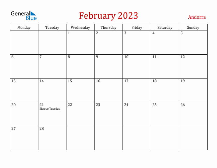 Andorra February 2023 Calendar - Monday Start