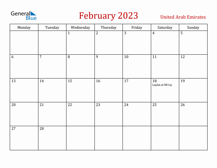 United Arab Emirates February 2023 Calendar - Monday Start