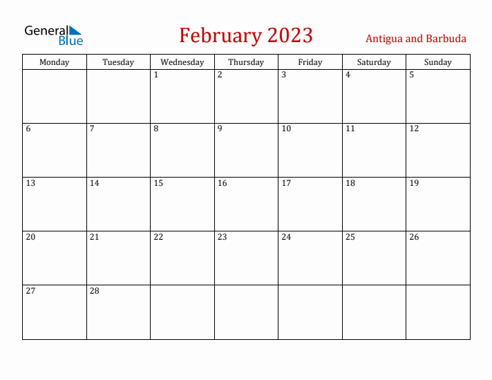 Antigua and Barbuda February 2023 Calendar - Monday Start