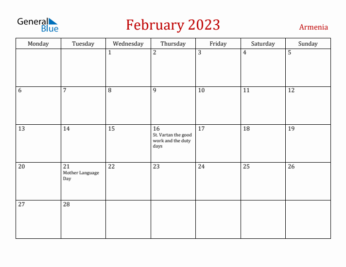 Armenia February 2023 Calendar - Monday Start