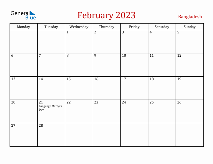 Bangladesh February 2023 Calendar - Monday Start