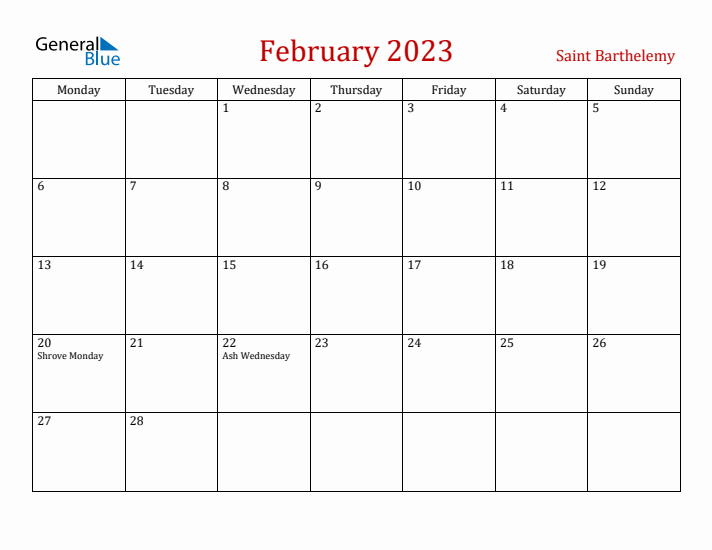 Saint Barthelemy February 2023 Calendar - Monday Start