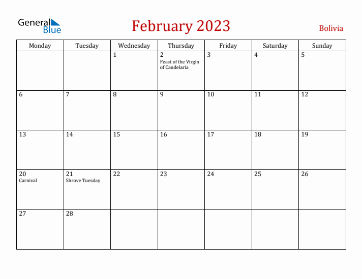 Bolivia February 2023 Calendar - Monday Start