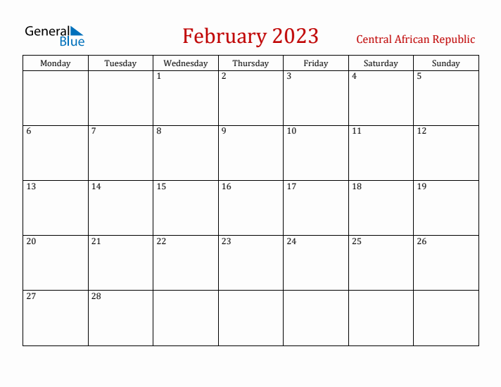 Central African Republic February 2023 Calendar - Monday Start