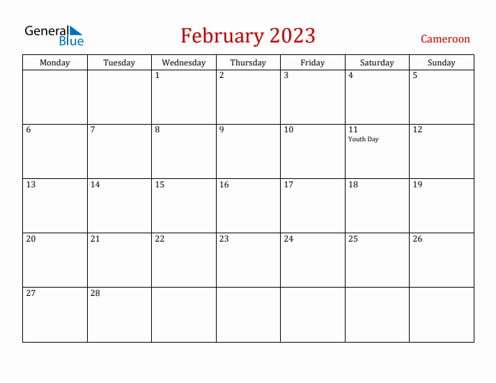 Cameroon February 2023 Calendar - Monday Start