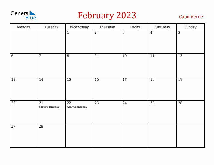Cabo Verde February 2023 Calendar - Monday Start