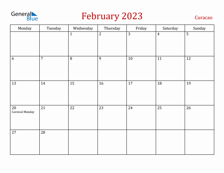 Curacao February 2023 Calendar - Monday Start