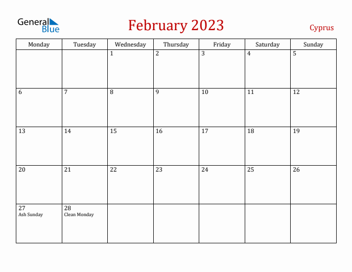 Cyprus February 2023 Calendar - Monday Start