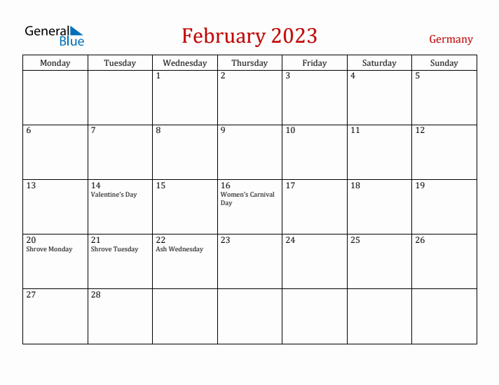Germany February 2023 Calendar - Monday Start