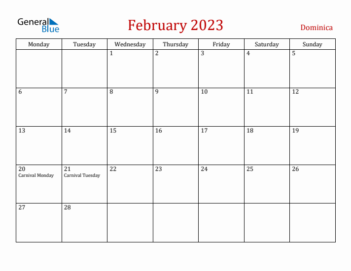 Dominica February 2023 Calendar - Monday Start