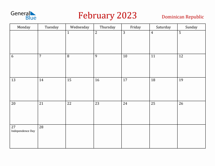 Dominican Republic February 2023 Calendar - Monday Start