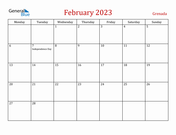 Grenada February 2023 Calendar - Monday Start