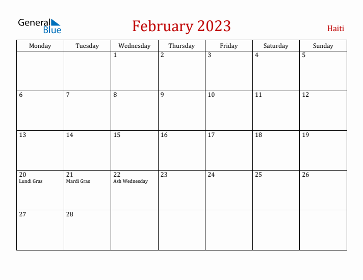 Haiti February 2023 Calendar - Monday Start