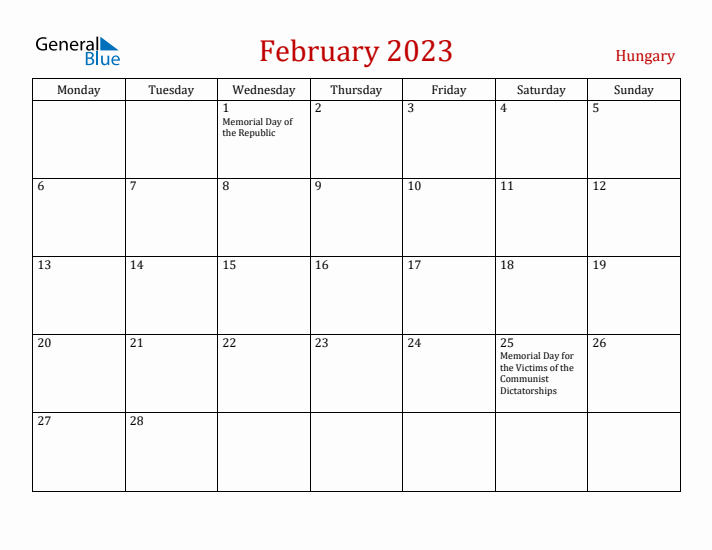 Hungary February 2023 Calendar - Monday Start