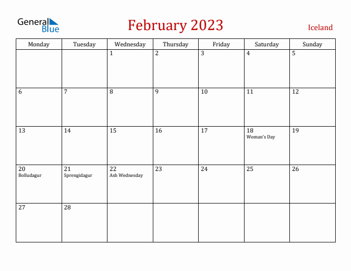 Iceland February 2023 Calendar - Monday Start