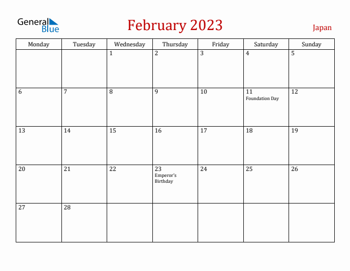 Japan February 2023 Calendar - Monday Start
