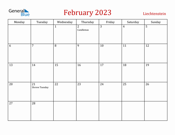 Liechtenstein February 2023 Calendar - Monday Start