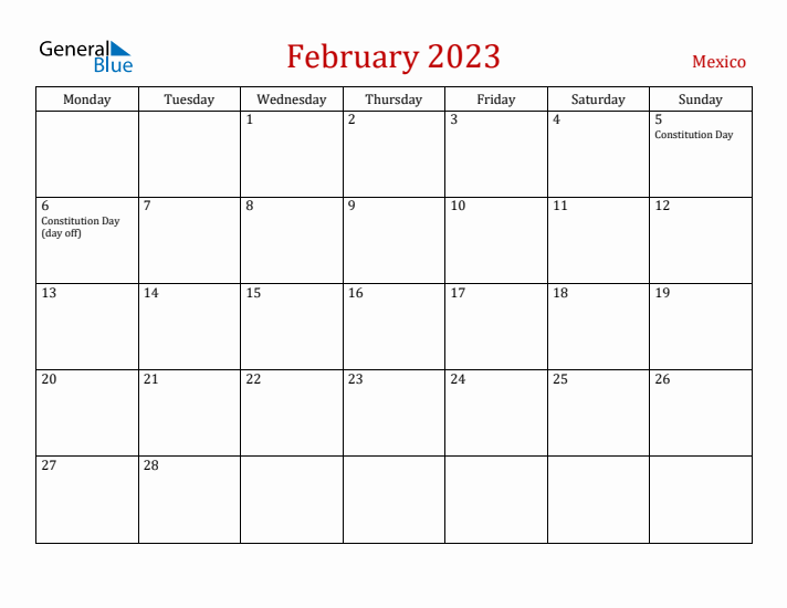 Mexico February 2023 Calendar - Monday Start