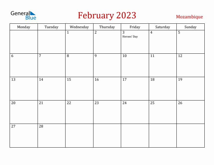 Mozambique February 2023 Calendar - Monday Start