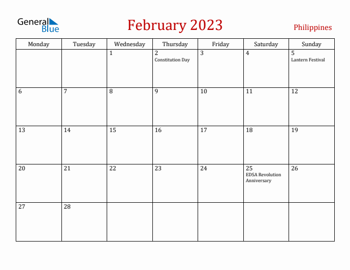 Philippines February 2023 Calendar - Monday Start