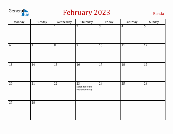 Russia February 2023 Calendar - Monday Start