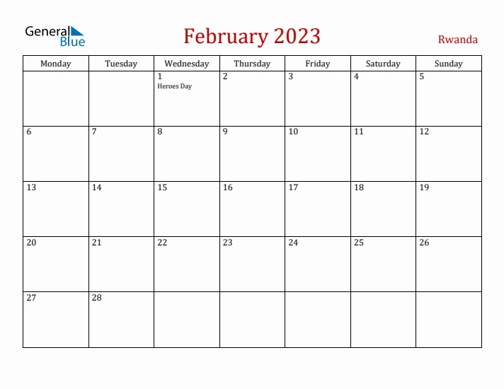 Rwanda February 2023 Calendar - Monday Start