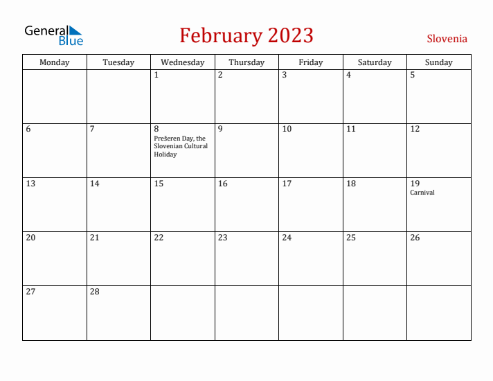 Slovenia February 2023 Calendar - Monday Start