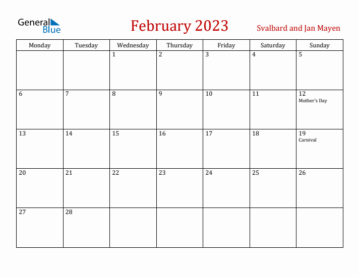Svalbard and Jan Mayen February 2023 Calendar - Monday Start