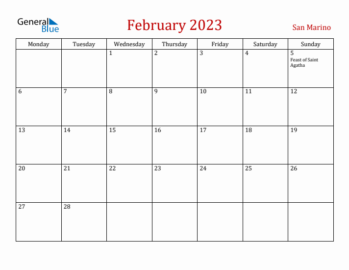 San Marino February 2023 Calendar - Monday Start