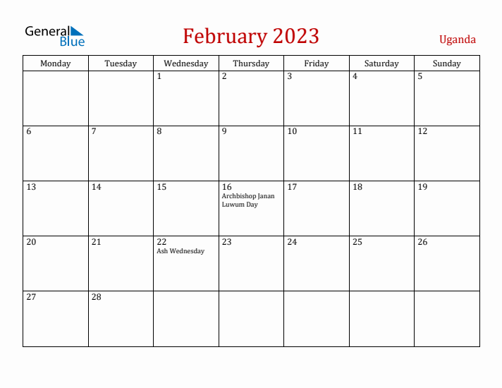 Uganda February 2023 Calendar - Monday Start