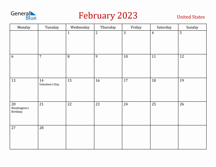 United States February 2023 Calendar - Monday Start