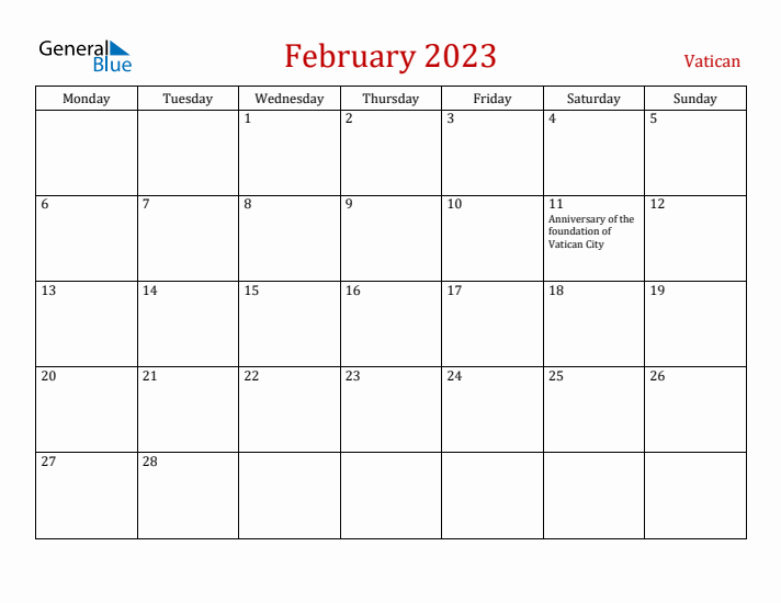 Vatican February 2023 Calendar - Monday Start