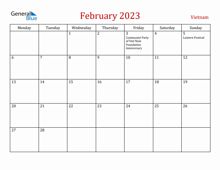 Vietnam February 2023 Calendar - Monday Start