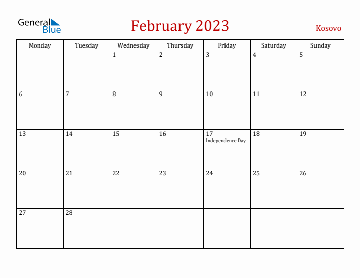 Kosovo February 2023 Calendar - Monday Start