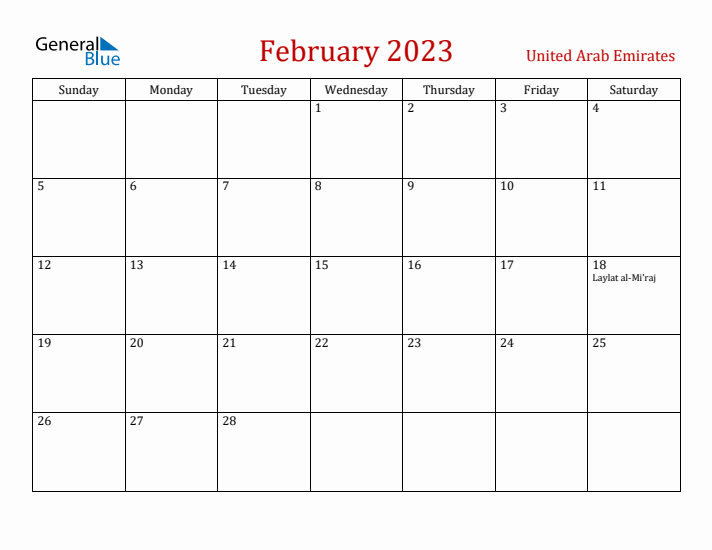 United Arab Emirates February 2023 Calendar - Sunday Start
