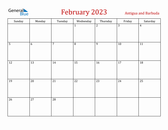 Antigua and Barbuda February 2023 Calendar - Sunday Start