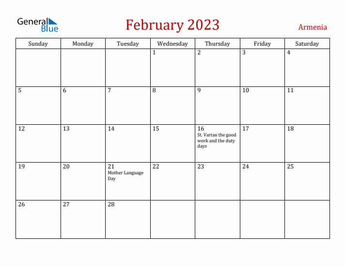Armenia February 2023 Calendar - Sunday Start
