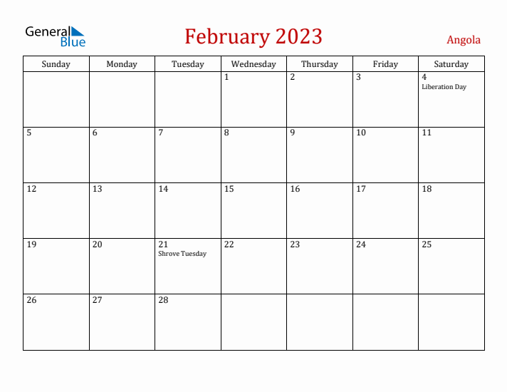 Angola February 2023 Calendar - Sunday Start