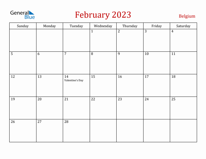 Belgium February 2023 Calendar - Sunday Start