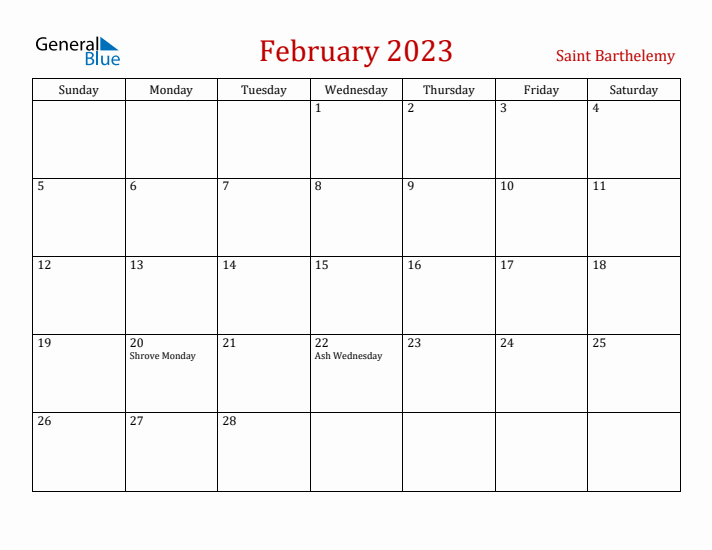 Saint Barthelemy February 2023 Calendar - Sunday Start