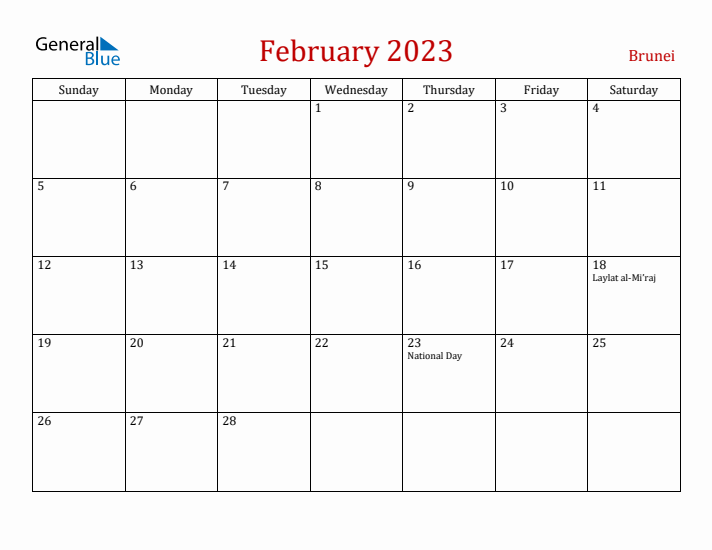 Brunei February 2023 Calendar - Sunday Start