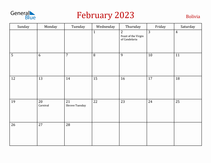 Bolivia February 2023 Calendar - Sunday Start