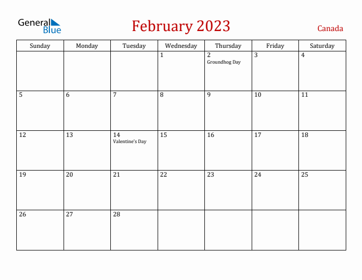 Canada February 2023 Calendar - Sunday Start