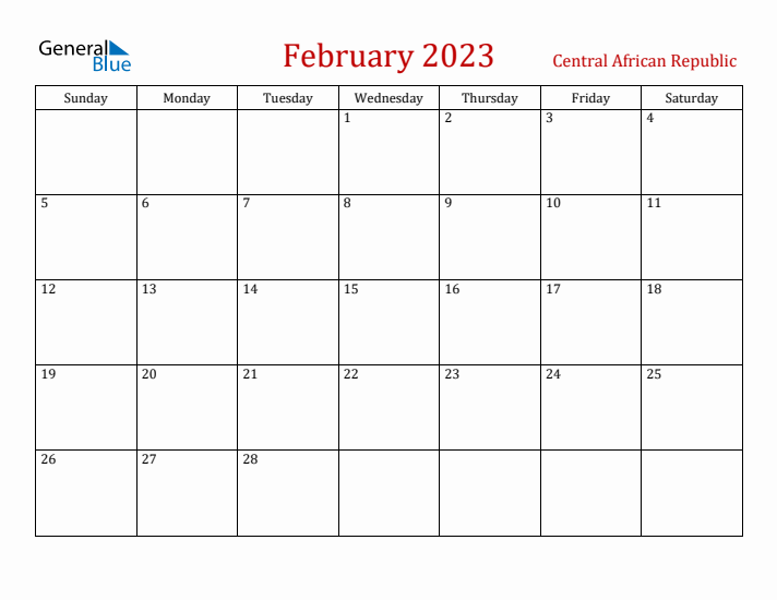 Central African Republic February 2023 Calendar - Sunday Start