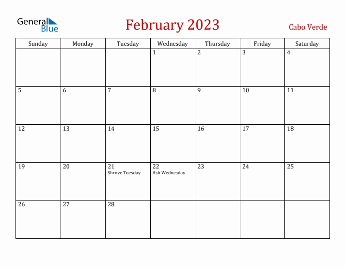 Cabo Verde February 2023 Calendar - Sunday Start