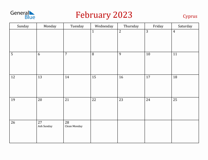Cyprus February 2023 Calendar - Sunday Start