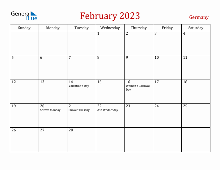 Germany February 2023 Calendar - Sunday Start