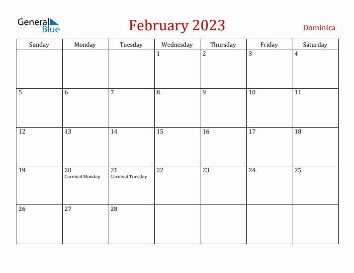 Dominica February 2023 Calendar - Sunday Start