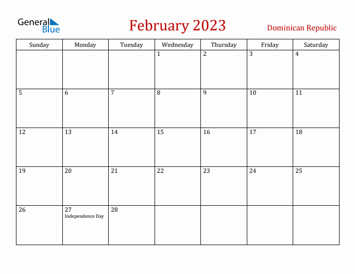 Dominican Republic February 2023 Calendar - Sunday Start